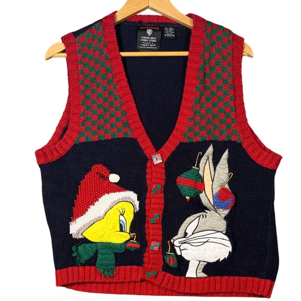 Warner Bros Looney Tunes Sweater Vest XL Blue Ramie Cotton Vintage 90s Holiday